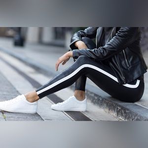 Women’s spanx faux leather leggings white stripe size medium